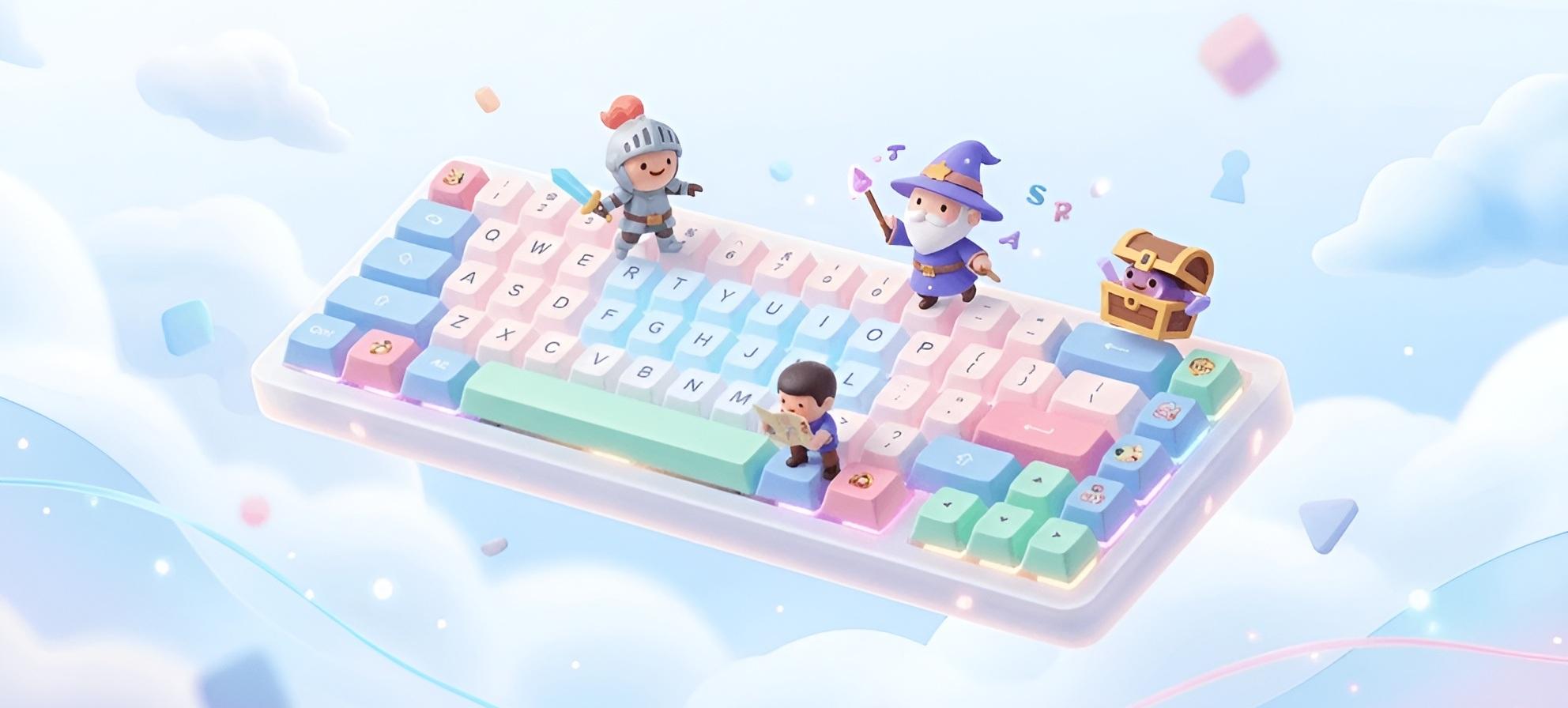 Colorful 3D keyboard with cute characters - a knight, wizard, and adventurer on a floating keyboard in the clouds